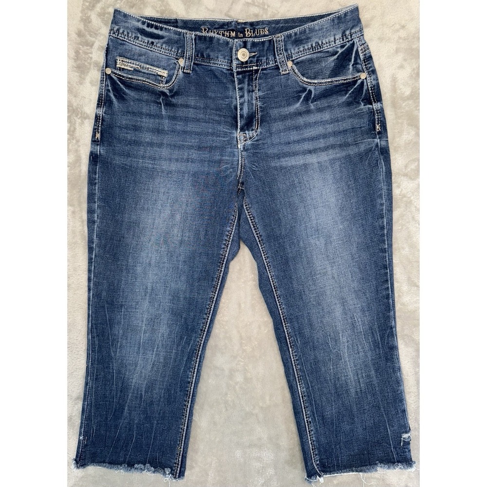 Rhythm In Blues Cutoff Capri Jeans Sz‎ 10 Mid Rise Stretch Med Wash Thick Stitch